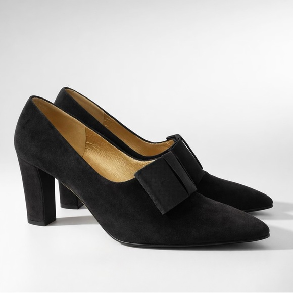 Yves Saint Laurent Suede Heels grosgrain ribbon bow accents blk 5 EUC